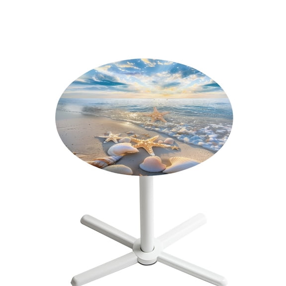SEANATIVE 24'' Diameter Cocktail Round Tablecloths Stretch Fitted Highboy Table Top Cover Elegant Design Table Decorations for Bar Pub Restaurant Home, Starfish Sea Shell Conch Beach Blue Sky