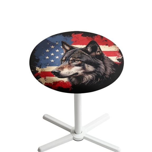 SEANATIVE 24'' Diameter Round Cocktail Table Top Covers with Elastic Edge Stain-resistant Round Highboy Tablecloths for Indoor Outdoor Events Parties, American Flag Wolf