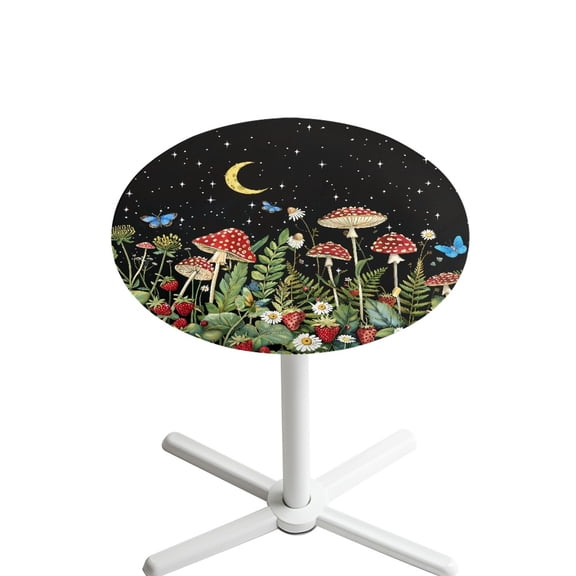 SEANATIVE 24 Inch Round Cocktail Table Covers Fitted Spandex Cocktail Tablecloths Elastic Fit Decorative Party Table Cloths for Indoor Outdoor Picnic, Mushroom Daisy Butterfly Moon Star Black