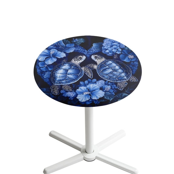 SEANATIVE 24 Inch Round Fitted Table Covers Washable Cocktail Tablecloths Stain-resistant Highboy Table Topper Cap with Elastic Edged for Parties Weddings, Blue Sea Turtle Hibiscus Flower Black