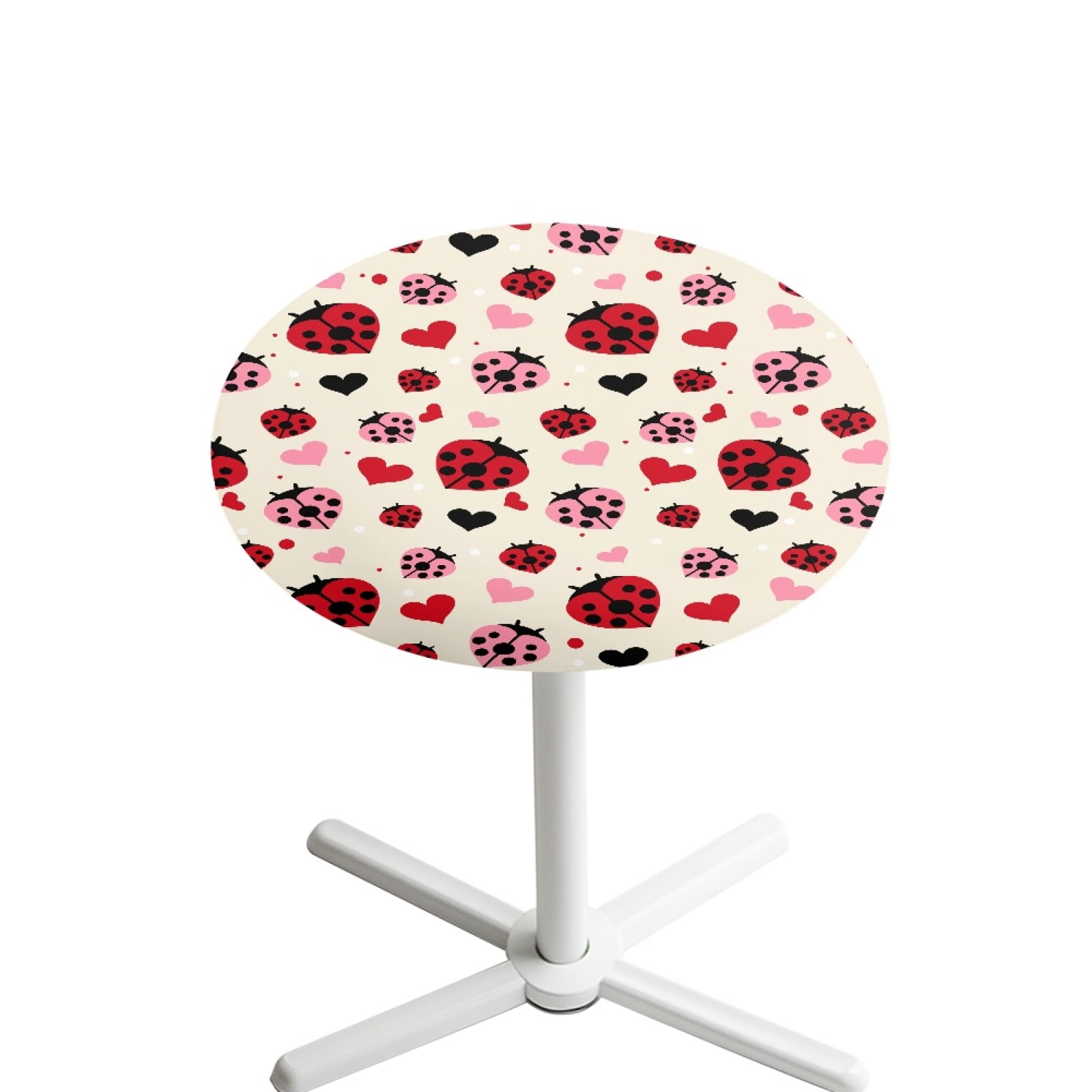 SEANATIVE 24 x 24 Inch Round Table Covers Stretchy Spandex Cocktail Tablecloth Highboy Table Top Cover Table Topper Cap for Cocktail Parties Events, Ladybug Love Heart Shaped Valentine Beige