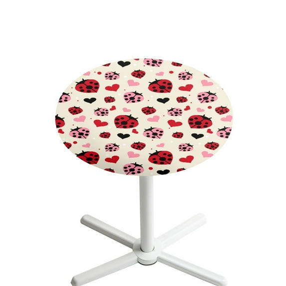 SEANATIVE 24 x 24 Inch Round Table Covers Stretchy Spandex Cocktail Tablecloth Highboy Table Top Cover Table Topper Cap for Cocktail Parties Events, Ladybug Love Heart Shaped Valentine Beige