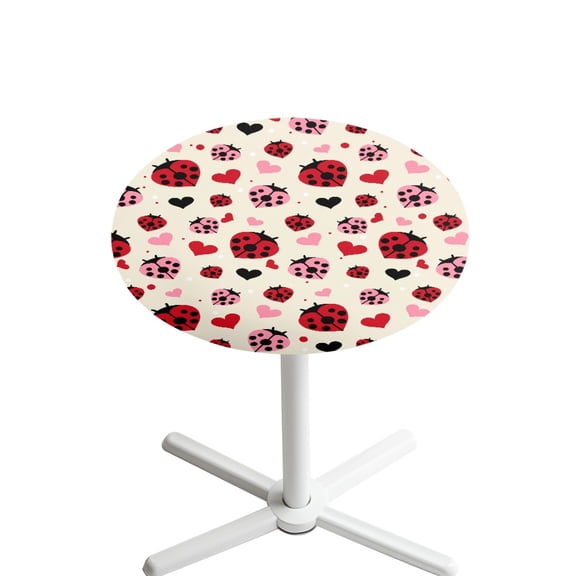 SEANATIVE 24 x 24 Inch Round Table Covers Stretchy Spandex Cocktail Tablecloth Highboy Table Top Cover Table Topper Cap for Cocktail Parties Events, Ladybug Love Heart Shaped Valentine Beige