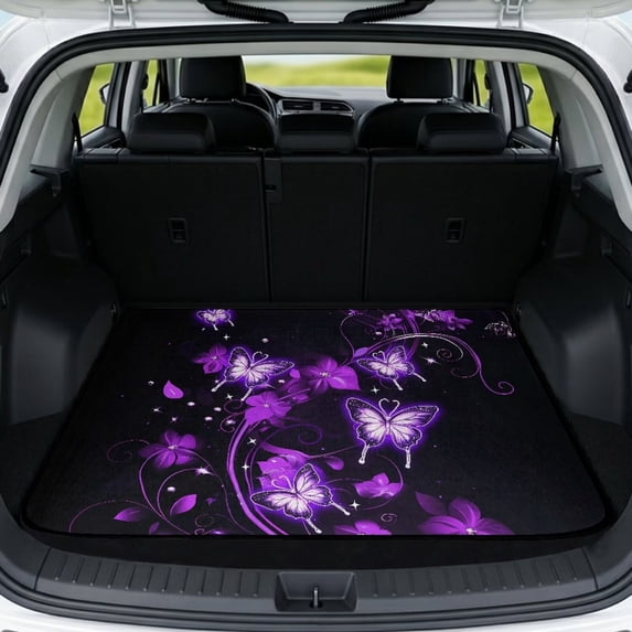 SEANATIVE 29 x 39 Inch Car Trunk Mat Heavy Duty Cargo Liner All Weather Non-Slip Backing Washable Universal Fit Auto Trunk Protector Cover for SUV Truck Van, Butterfly Floral Violet
