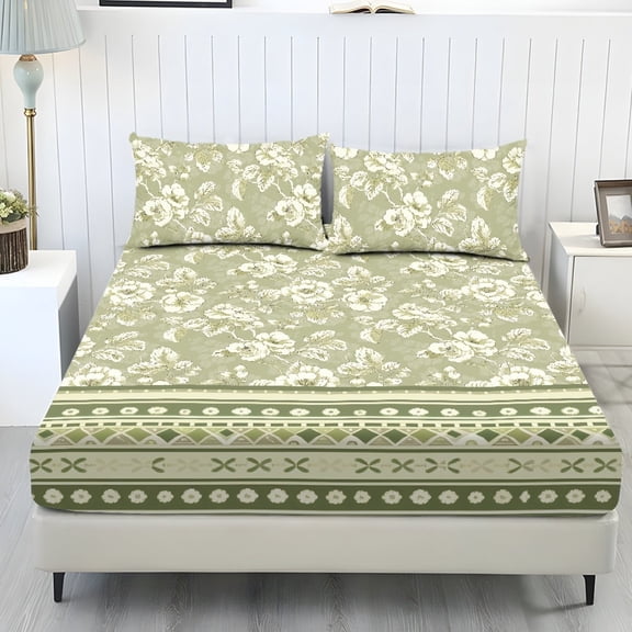 SEANATIVE 3 Pcs Full Size Bed Sheet Set 1 Fitted Sheet and 2 Pillowcases Spandex Bed Cover Set Comfortable Bedding Covers for Home Decorations, Green Floral Pattern