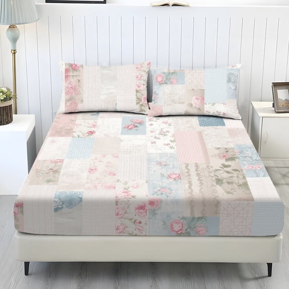 SEANATIVE 3 Pcs Queen Size Bed Sheet Set 1 Fitted Sheet and 2 Pillowcases Spandex Bed Cover Set Comfortable Bedding Covers for Home Decorations, Flower Patchwork Pattern