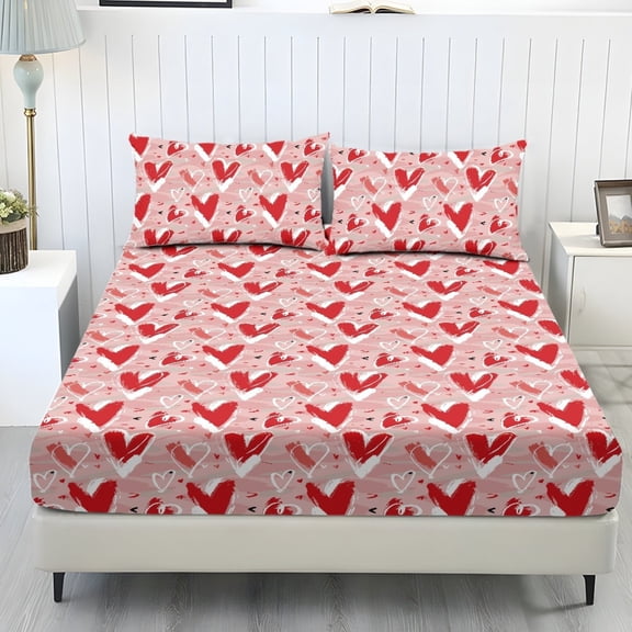 SEANATIVE 3 Piece Sheet Set for Twin Bed, 1 Fitted Sheet with 2 Pillowcases Elastic Fit Bed Mattress Cover for Valentine's Day Decoration, Pink Heart-shaped Print