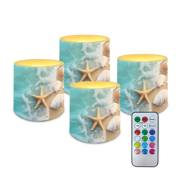 SEANATIVE 4 PCS LED Flameless Candles Multi-Color Flickering Realistic Battery Powered No Flame Candles with Remote and Timer, Simulated Wick Flame Tealights, Starfish Shell Beach Sea Waves