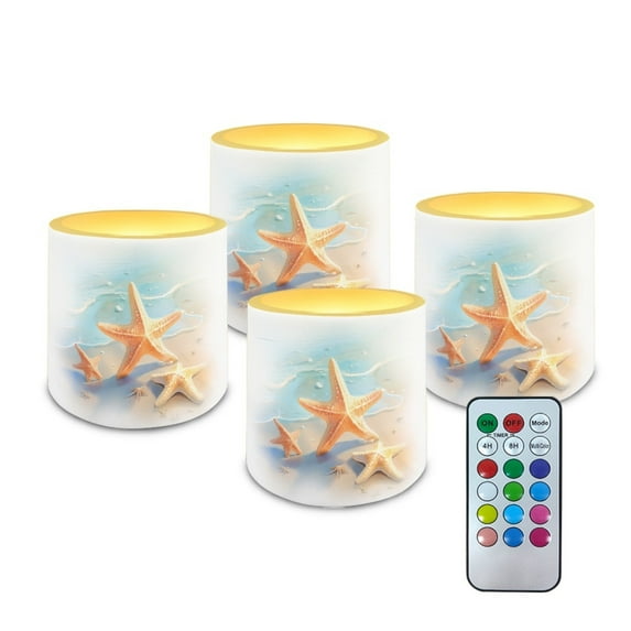 SEANATIVE 4 Pack Flameless LED Candles Remote Control Flickering LED Pillar Candles Battery Operated, Timer Multi-Color Options Tea Lights for Party Dinner Event Decor, Beach Starfish