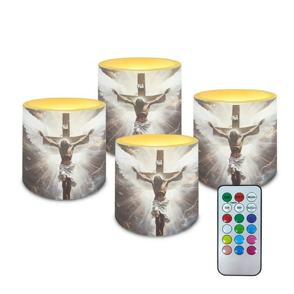 SEANATIVE 4 Pack Flameless LED Candles Remote Control Flickering LED Pillar Candles Battery Operated, Timer Multi-Color Options Tea Lights for Party Dinner Event Decor, Cross with Jesus Wings