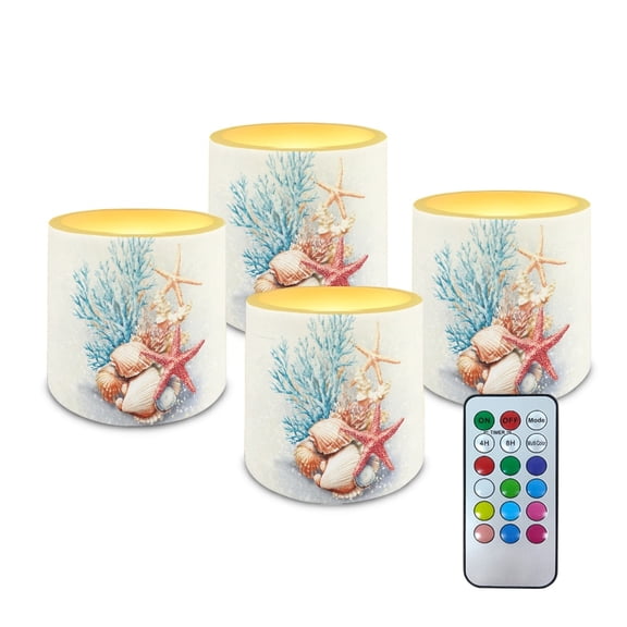 SEANATIVE 4 Pack LED Flameless Candles Battery Operated with Remote Timer Realistic Electric Pillar Candle Elegant Tea Lights with 12 Colors Options for Home Decor, Starfish Coral Seashell Beige