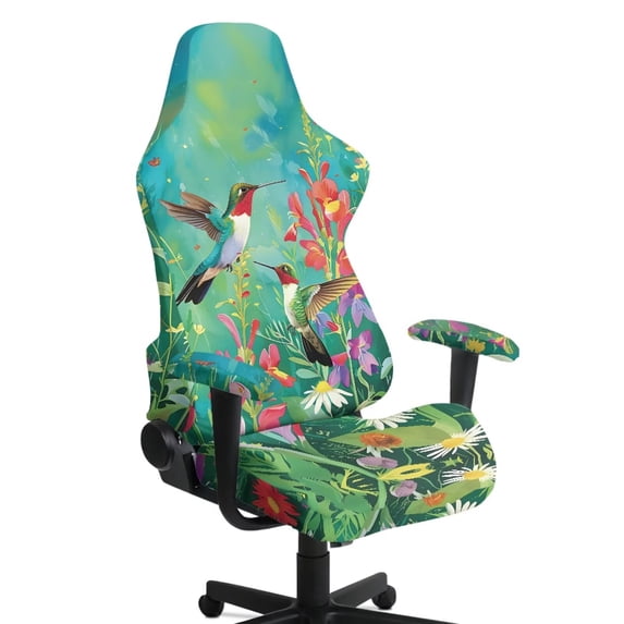 SEANATIVE 4 Piece Set Gaming Chair Slipcover, Soft Decorative Computer Chair Cover with Armrest Covers Scratch-Proof Office Bedroom Decor, Gamer Accessories, Hummingbird Daisy Flower Green