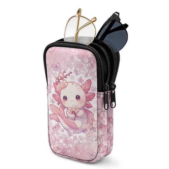 SEANATIVE 4 x 6.9 Inch Eyeglasses Case Dual Compartment Glasses Pouch with Zipper, Double Sunglasses Holder Portable Eyeglass Case for 2 Pairs of Glasses, Pink Axolotl Cherry Blossom