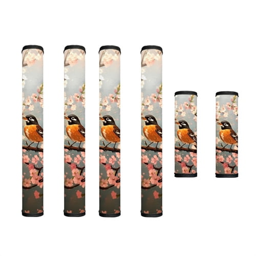 SEANATIVE 6 PCS Refrigerator Door Handle Covers Electric Appliance Handles Decor Anti-skid Protector Gloves for Fridge Oven Kitchen Cabinet Home Decor, American Robin Bird Pink Flower Gray