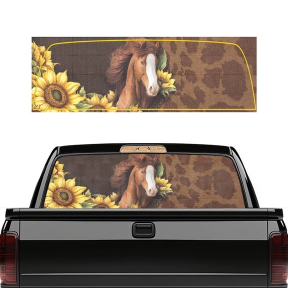 SEANATIVE 66.9 x 22.4 Inch Truck Rear Window Graphic Perforated See Through Stickers UV Protection Pickup Decal, Easy Install Back Window Tint Car Accessory, Horse Sunflower Cow Print Brown