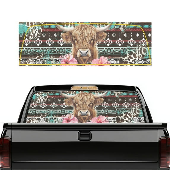 SEANATIVE 66.9 x 22.4 Inch Truck Rear Window Graphic Perforated See Through Stickers UV Protection Pickup Decal, Easy Install Back Window Tint Car Accessory, Tribe Highland Cow Flower Print