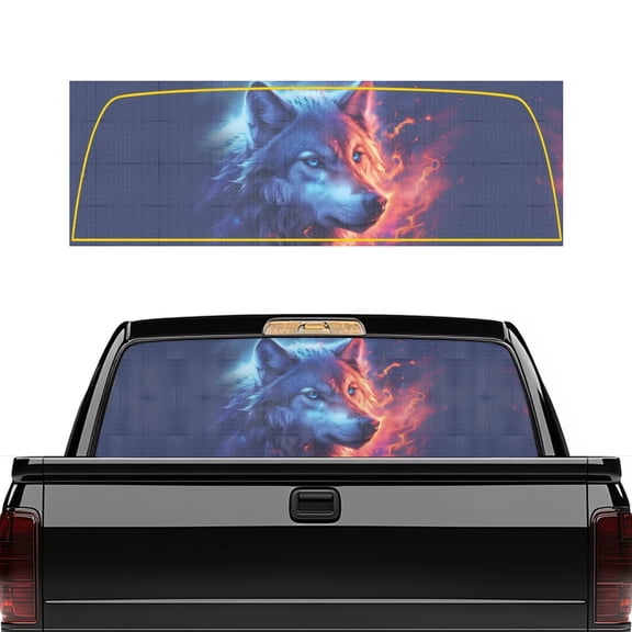 SEANATIVE 66.9 x 22.4 Inches Truck Rear Window Decal, Easy to Install Sun Protection Window Film Perforated One Way Vision Vinyl Wrap Graphic for Truck Pickup SUV Decor, Wolf Fire Print