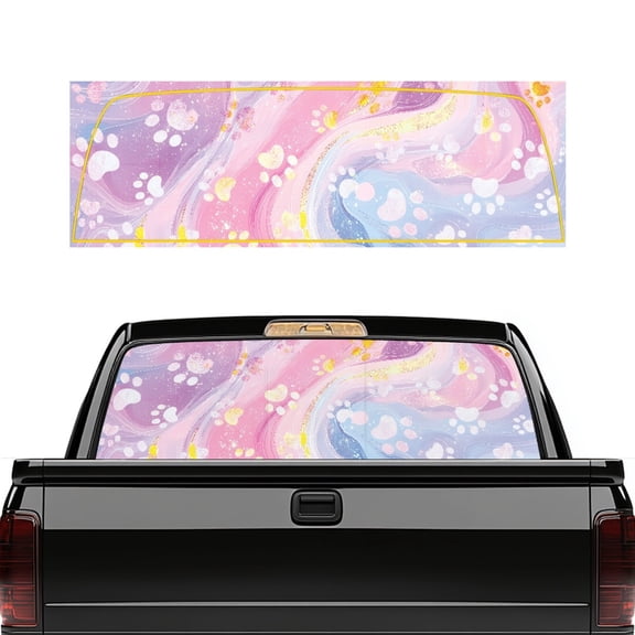 SEANATIVE 66.9 x 22.4 Inches Truck Rear Window Decal, Easy to Install Sun Protection Window Film Perforated Valentine's Day Graphic for Truck Pickup SUV Decor, Paw Marble Pink Blue