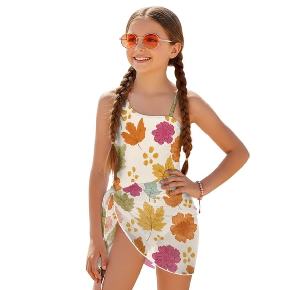SEANATIVE 7-8 Years Girls One Piece Swimsuit One-Piece Bathing Suit with Mesh Skirt Cover Up Cut Out Stretchy Swimwear for Kids Children Teens, Beige Flower Leaf