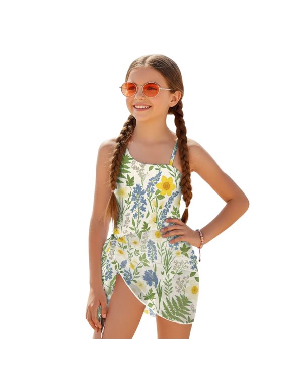 9-10 Year Kid Girl Swimsuit with Mesh Skirt Coverup One Piece Bathing Suit Comfortable Stretch Summer Swimwear with Adjustable Strap, Blue Yellow Flower Beige