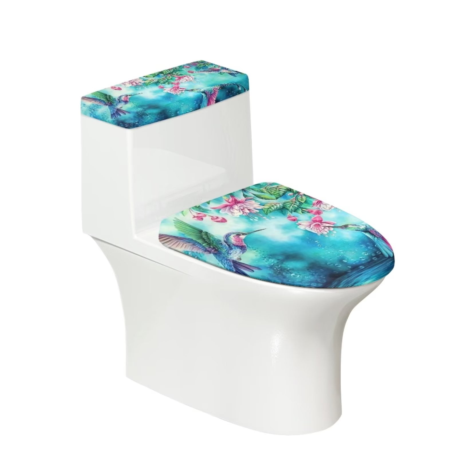 SEANATIVE Aesthetic Toilet Tank Cover Set Stretchy Floral Hummingbird