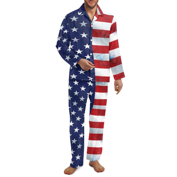 SEANATIVE American Flag Pajamas for Men Button Down Pajamas 2 Piece Long Sleeve Sleepwear Tops with Pants Size L Daily Loungewear Lightweight Pj Set Night Wear,4 of July