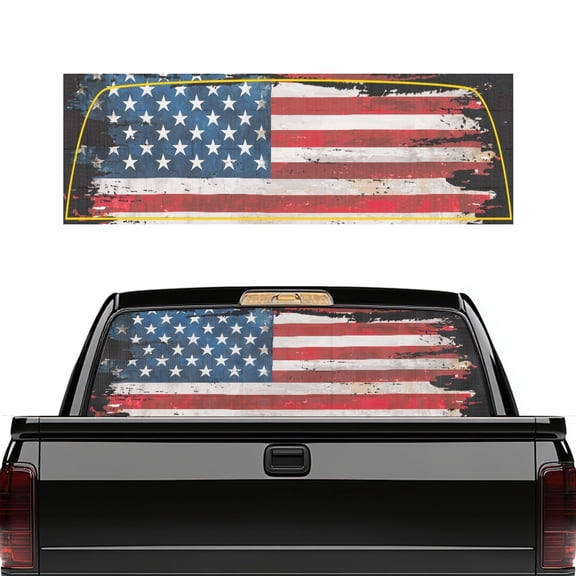 SEANATIVE American Flag Retro Truck Back Window Decal 66.9 x 22.4 Inch See Through Perforated Vinyl Film Wrap Sticker Waterproof Sun Block Coverage Decals for Car Patriotic Decoration