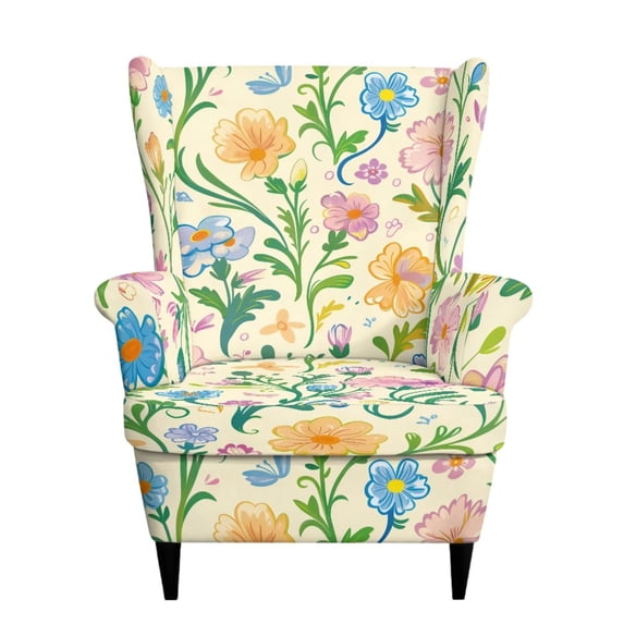 SEANATIVE Anti-slip Wingback Chair Slipcover 2 Piece Wing Chair Cover Soft Stretchy Armchair Cover Washable Stain-Resistant Dust-Proof Furniture Protector with Elastic Bottom, Floral Print Beige