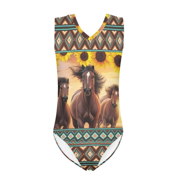 SEANATIVE Aztec Tribal Kids Swimsuits Girls Comfortable One Piece Sleeveless Swimwear Sunflower Horse V Neck Bathing Suits Size 7-8 Years
