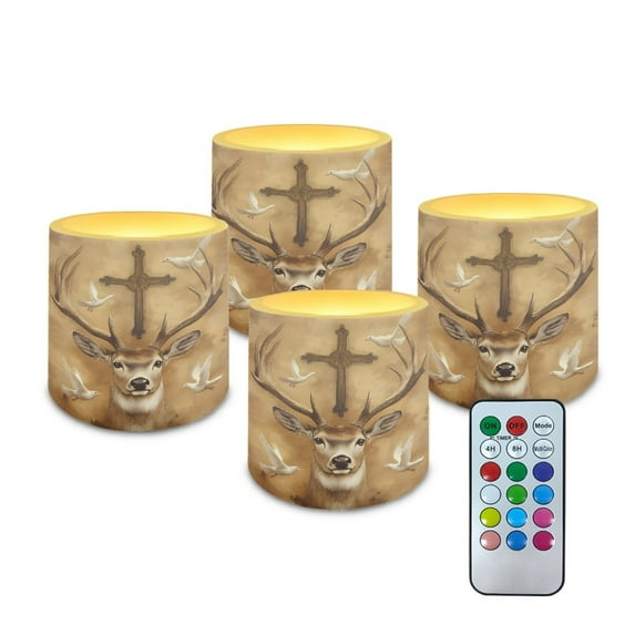 SEANATIVE Battery Operated LED Candles Set of 4 Remote and Timer Flameless Votive Candles, Multi-Color Flickering Tea Light for Home Parties Holidays Decor, Cross Deer Dove of Peace