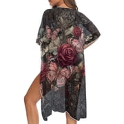 SEANATIVE Beach Coverups for Women Loose Kimono Coverups Breathable Flowy Plus Size Half Sleeve Cover-up Swimsuit Cardigan for Summer Resort, Gothic Rose Butterfly Print