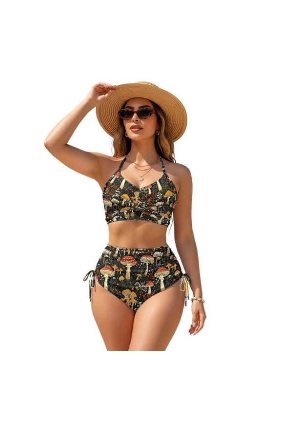 Bikini Set for Women Two Piece Swimsuit V Neck High Waisted Bikini Sets Stylish Swimsuit Push Up Twist Front Ruched Bathing Suit for Hawaii Beach, XS, Mushroom Leaf Pattern Black