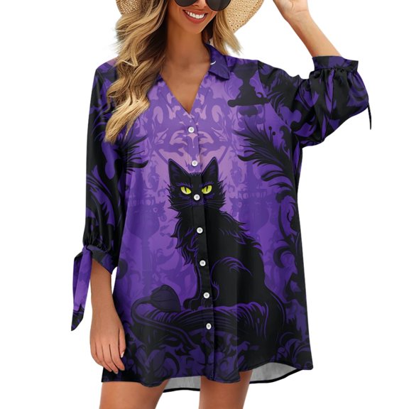 SEANATIVE Black Halloween Cat Women's Seven Quarter Sleeve Cardigan Shirt Size 2XL Open Front Cardigan for Women Summer V Neck Button Up Work Blouse Tops