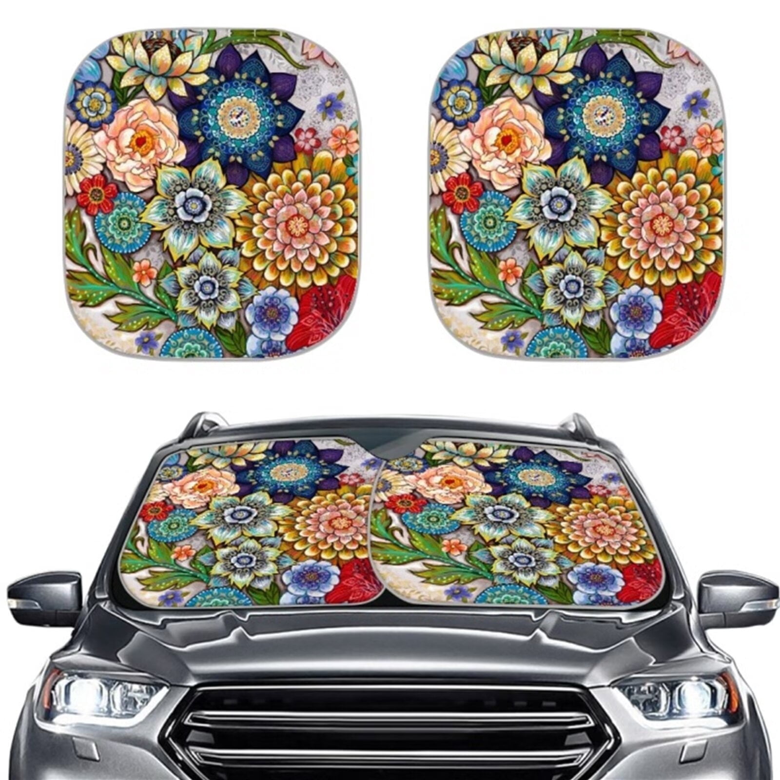 Blue Elephant Mandala Print Car Sun Shade