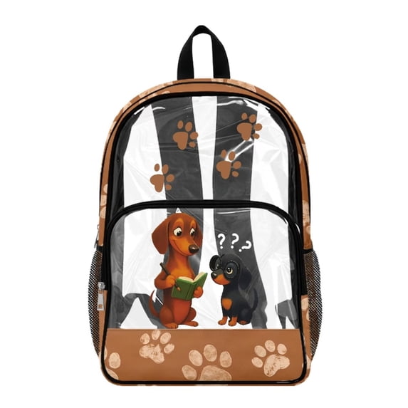 SEANATIVE Boys Girls Transparent Backpack Kids Teens Clear Bag PVC See Through School Bag Bookbag Transparent Daypack for Stadium Travel School, Dachshund Dog Paw Book Brown
