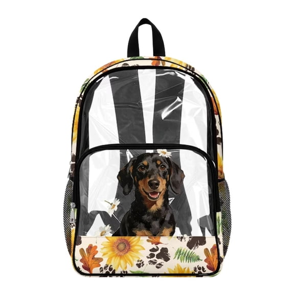 SEANATIVE Boys Girls Transparent Backpack Kids Teens Clear Bag PVC See Through School Bag Bookbag Transparent Daypack for Stadium Travel School, Dachshund Dog Sunflower Paw Beige