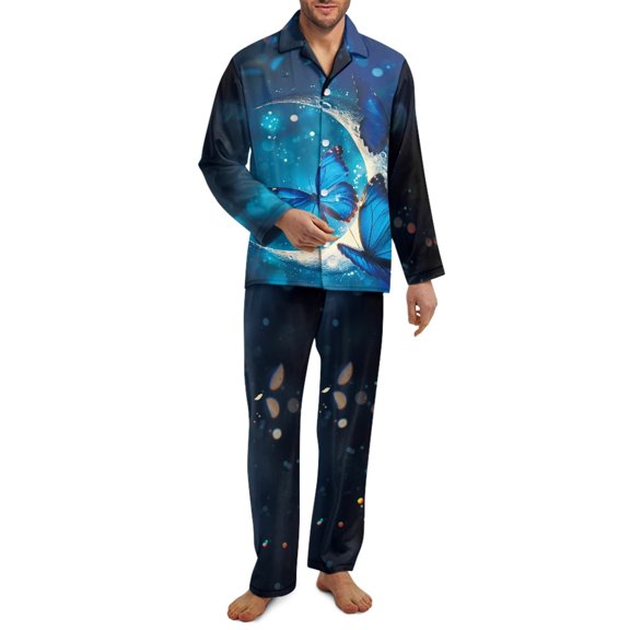 SEANATIVE Butterfly Moon Pajamas for Men Size L Men Button Down Pajamas Set Nightwear 2 Piece Pajamas Top and Pants with Pockets Long Sleeve Sleepwear Jogger Clothes