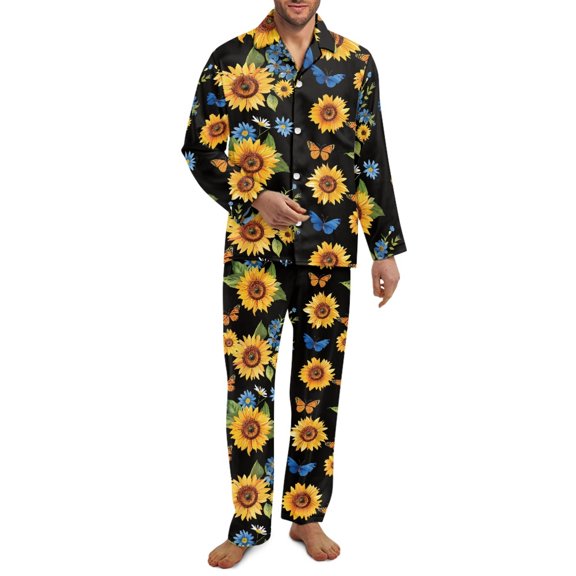 SEANATIVE Butterfly Sunflower Pajama Pants and Tops Set 2 Piece Loungewear with Pockets Long Sleeve Pjs Plus Size Aesthetic Button Down Pajamas Mens Jogger Clothes Size M