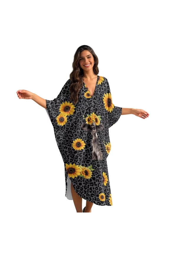 Caftans for Women Beach Cover Up Swimsuit Coverups Swimwear Kaftan Dresses Long Caftans Plus Size Batwing Sleeve Coverup Summer Beach Dress, Highland Cow Sunflower Leopard Print Gray