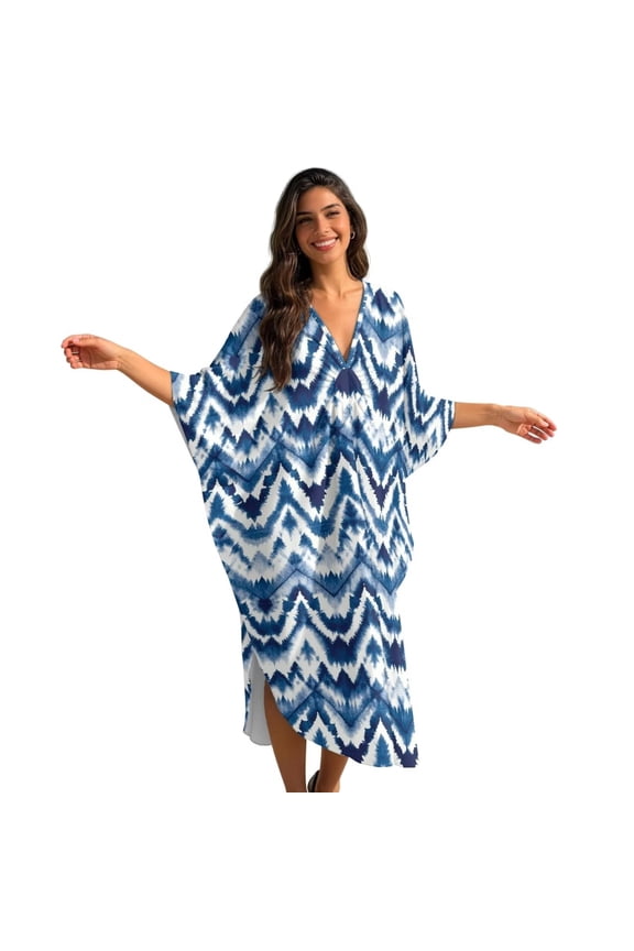 Caftans for Women Beach Cover Up Swimsuit Coverups Swimwear Kaftan Dresses Long Caftans Plus Size Batwing Sleeve Swimsuit Coverup V Neck Summer Beach Dress, Blue Tie-dye Pattern