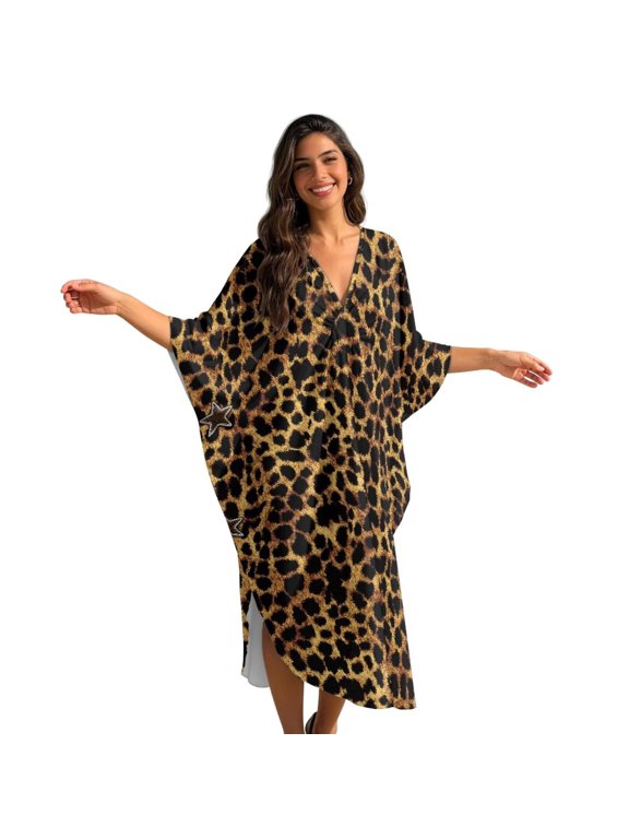 Caftans for Women Beach Cover Up Swimsuit Coverups Swimwear Kaftan Dresses Long Caftans Plus Size Batwing Sleeve Swimsuit Coverup V Neck Summer Beach Dress, Leopard Print