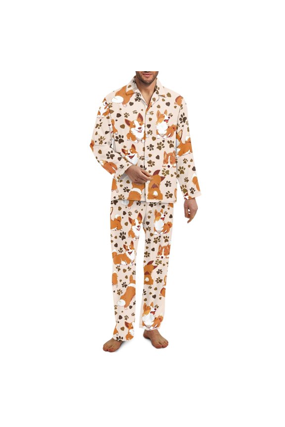 Camo Hunting Mens Long Sleeve Pajamas Set Maple Wood Button Up Pajamas with Pockets 2 Piece Big and Tall Pajamas for Mens Long Pants Sleepwear Sets Size L