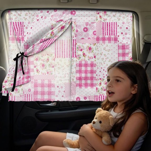 SEANATIVE Car Side Window Shade Privacy Protection Auto Sunshades 2 Layers Blackout/See Through Options Sun Blocker Magnetic Car Side Window Curtain for Kids, Pink Floral Patchwork Pattern