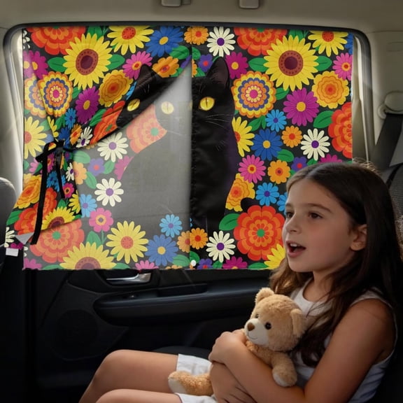 SEANATIVE Car Side Window Sun Shade Double-Layers Full Privacy/Semi-Transparent Options Car Window Privacy Curtain UV Protection Auto Sunshade Covers, Colorful Daisy Black Cat