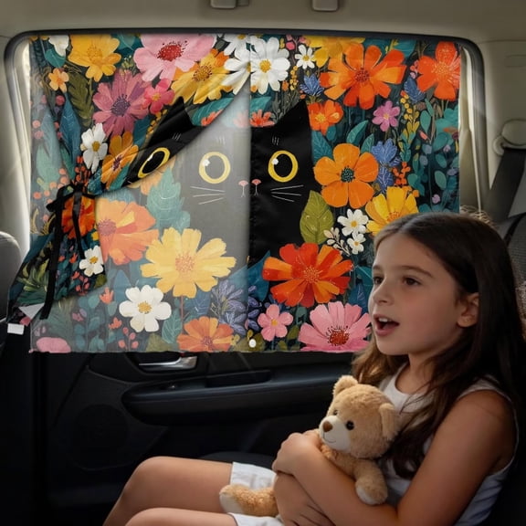 SEANATIVE Car Side Window Sunshades Double Layers Car Window Shade for Kids UV Blocker Privacy Protection Magnetic Side Window Sun Shade UV Blocker Covers, Black Cat Floral