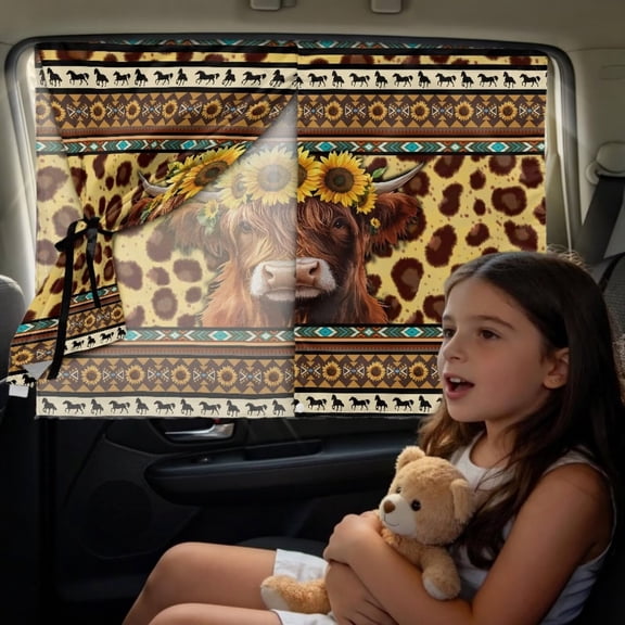 SEANATIVE Car Sun Shade for Baby Double Layer Magnetic Auto Side Window Shade Mesh & Full Blackout, UV Protection Privacy Curtain for Car Rear Window, Highland Cow Sunflower Aztec Pattern