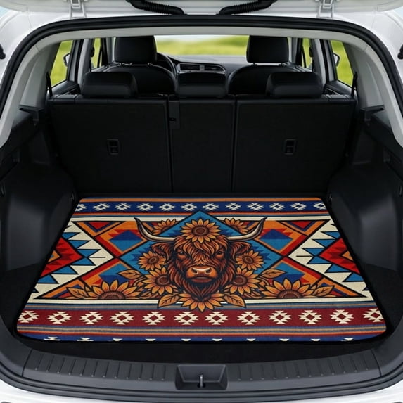 SEANATIVE Car Trunk Mat Decorative Printed Cargo Mat All Weather Non Slip Trunk Liner Universal Fit Auto Interior Accessories for Most Cars SUVs Trucks, Aztec Highland Cow Sunflower Pattern