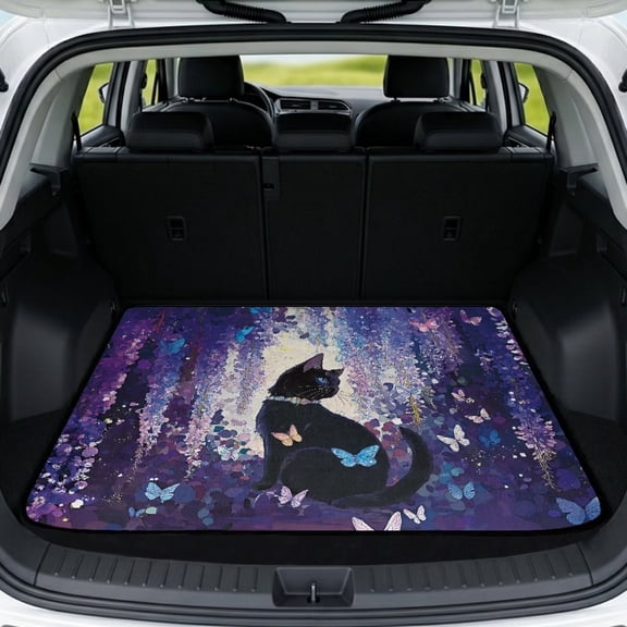 SEANATIVE Cargo Mat 29" x 39" All Weather Trunk Liner Non Slip Backing Washable Cargo Liner Automotive Accessories Universal Fit for Most Vehicles, Black Cat Butterfly Floral Violet
