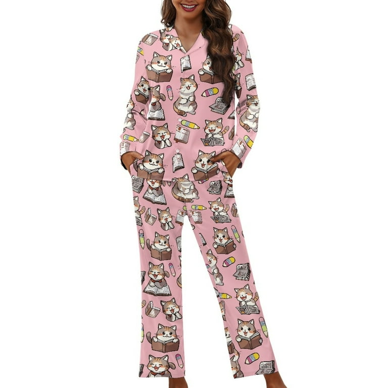 Sleepy Cat Pajama Set Womens SEANATIVE Cartoon Cat Womens Button