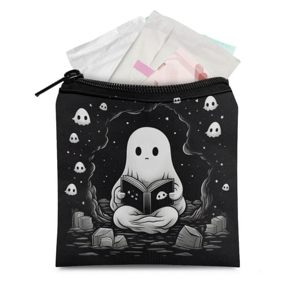 SEANATIVE Cartoon Ghost Sanitary Napkin Storage Bag for Women Portable Sanitary Pad Bags Pouch with Zipper 2 PCS Soft Mini Cosmetic Bag for Purse First Period Gifts for Girls